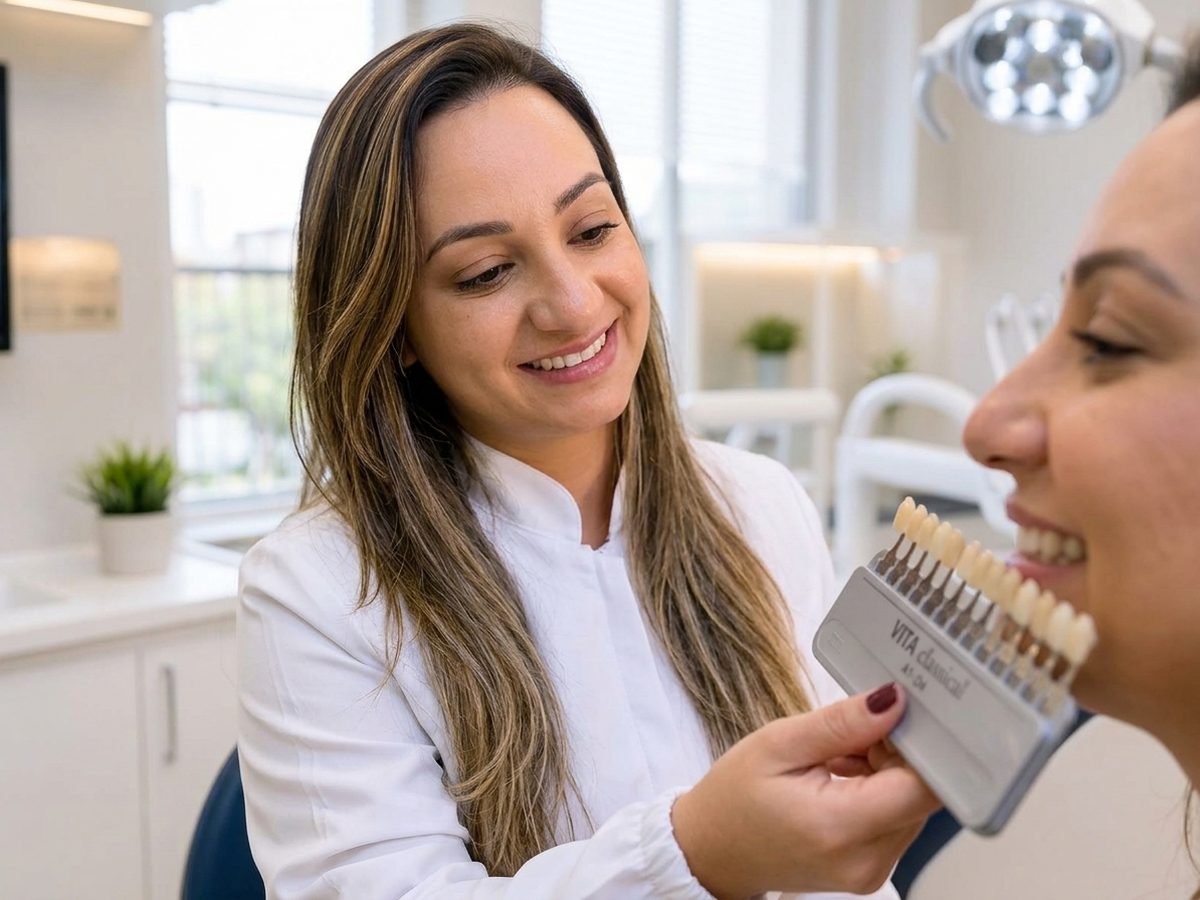 Dra. Andréia Castro comparando a cor dos dentes da paciente com a escala de clareamento