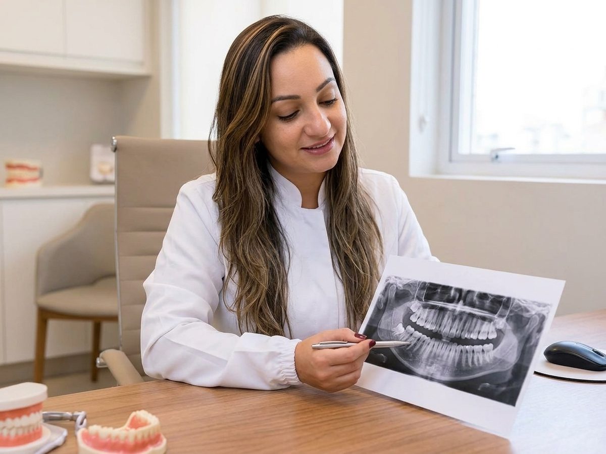 Dra. Andréia Castro apontando o dente do siso na radiografia panorâmica