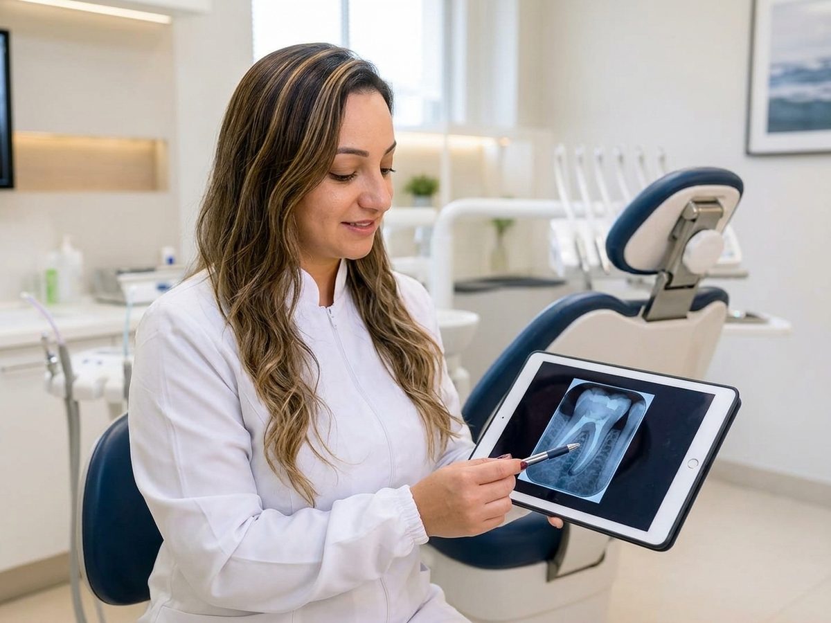Dra. Andréia Castro mostrando a radiografia de um molar no tablet para explicar o tratamento de canal