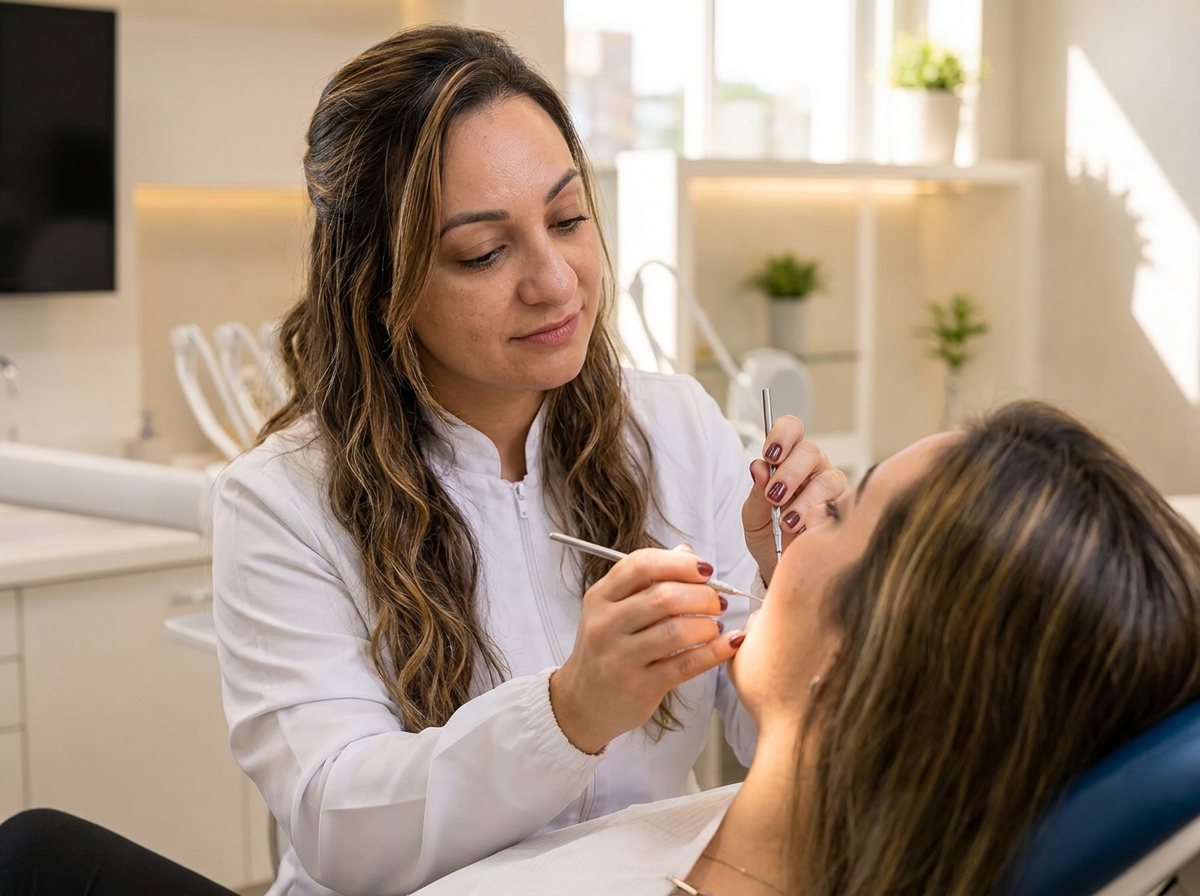Dra. Andréia Castro examinando a gengiva de uma paciente com espelho e sonda periodontal