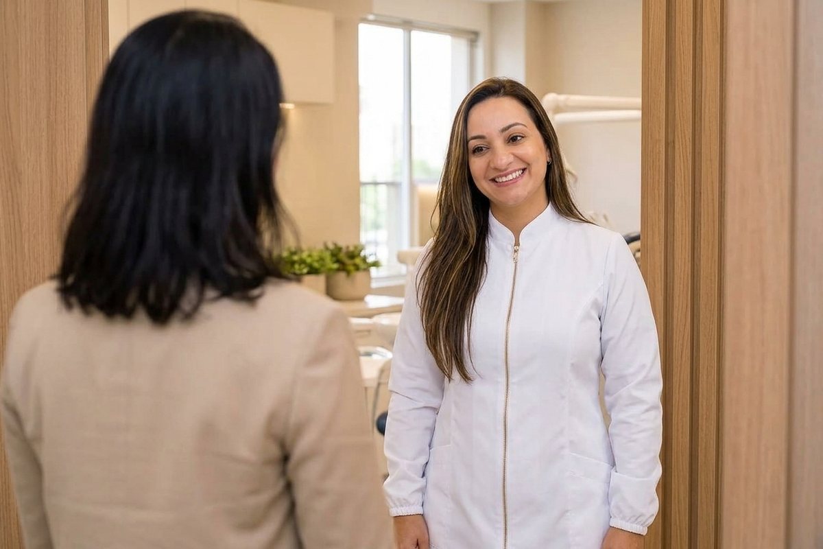 Dra. Andréia Castro atendendo paciente na cadeira odontológica da clínica Andréia Castro Odontologia, dentista em São Caetano do Sul