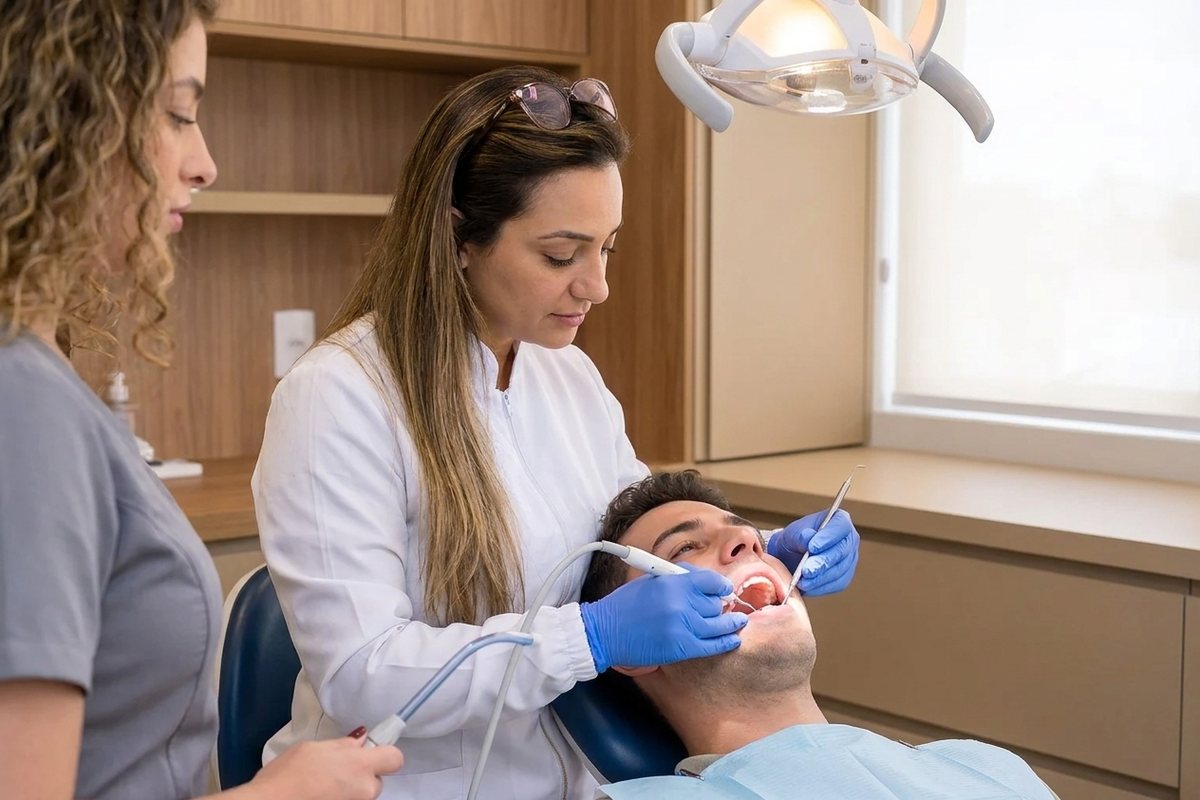 Dra. Andréia Castro fazendo limpeza dental em paciente na clínica de São Caetano do Sul