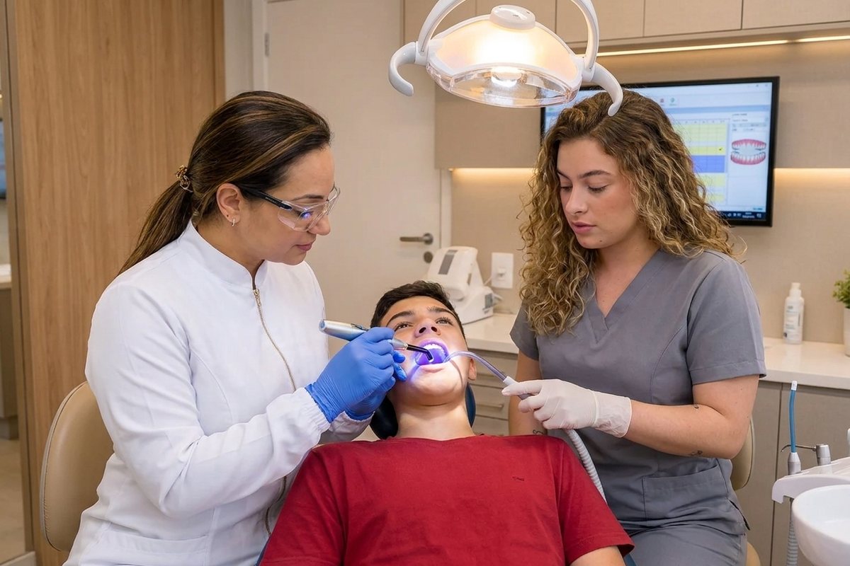 Dra. Andréia Castro fazendo restauração dentária em resina em paciente na clínica de São Caetano do Sul