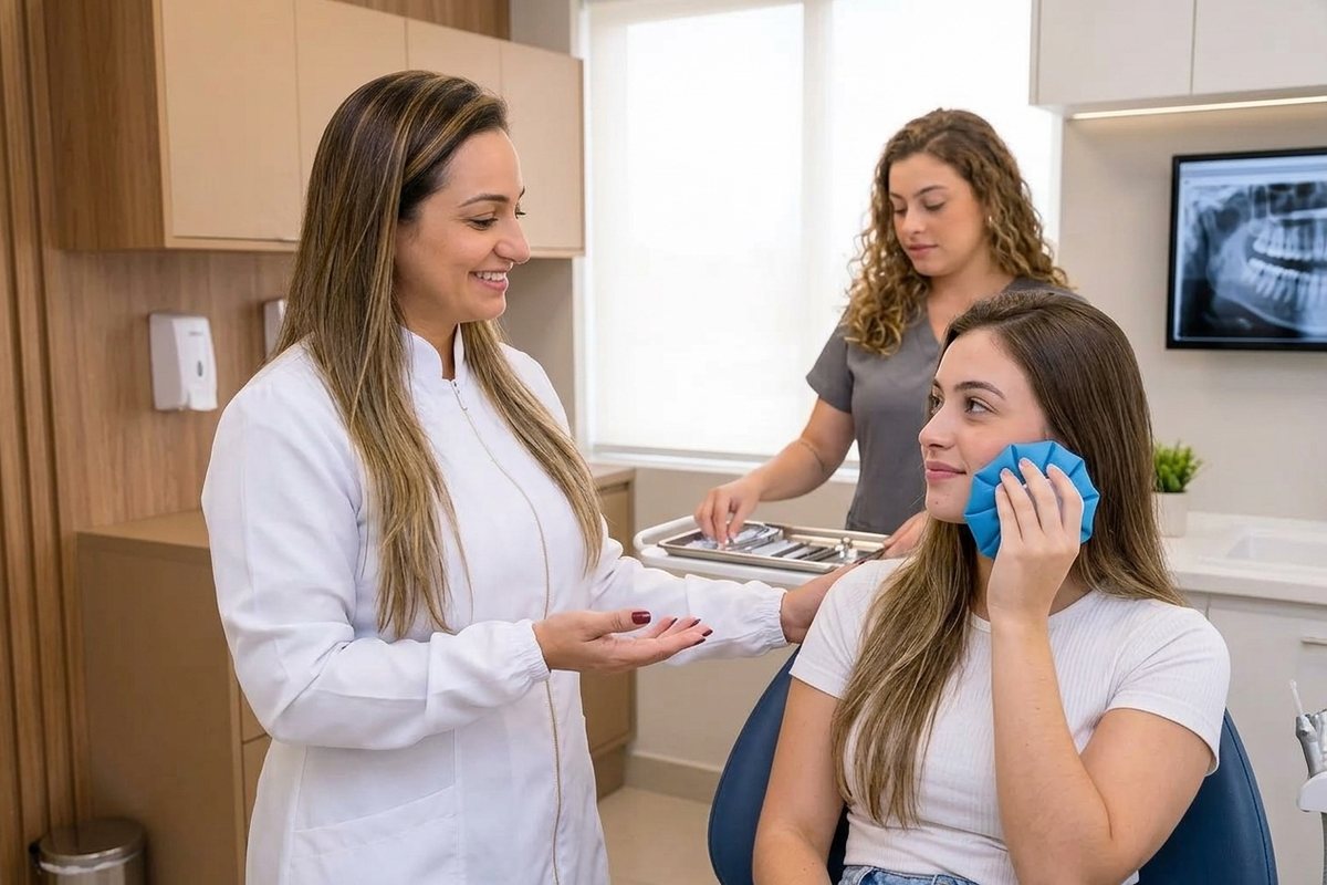 Dra. Andréia Castro avaliando radiografia para extração de siso na clínica de São Caetano do Sul