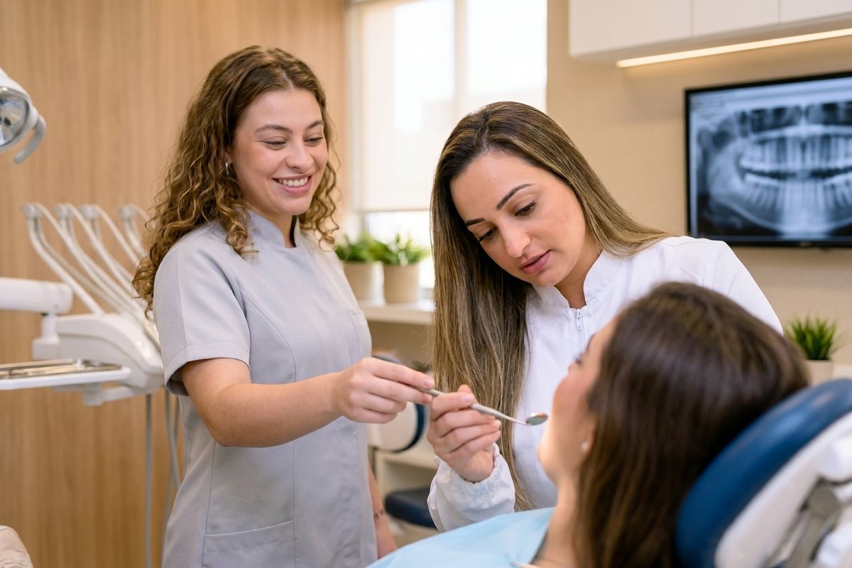 Dra. Andréia Castro examinando paciente com dor de dente em atendimento de urgência na clínica em São Caetano do Sul